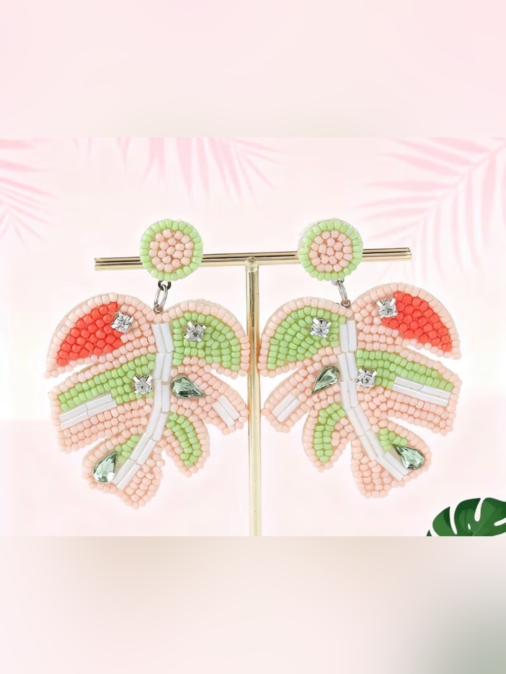 Beaded Palm Leaf Statement Earrings in Pastel Peach & Green